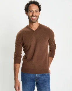 Pull 100% Cachemire col V Uni Nachve marron