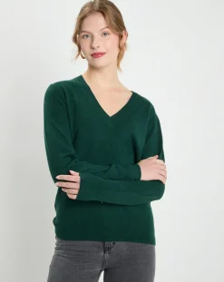 Pull 100% Cachemire Col V Zocon vert sapin