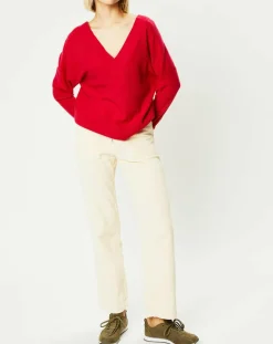 Pull 100% Cachemire Frani col V rose foncé