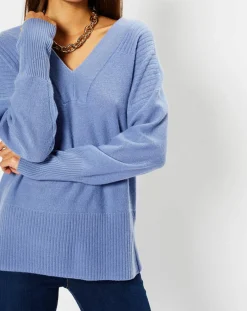 Pull 100% Cachemire Frani col V bleu lavande