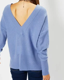 Pull 100% Cachemire Frani col V bleu lavande