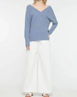 Pull 100% Cachemire Frani col V bleu lavande