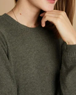 Pull 100% Cachemire Ines col rond tressé kaki grisé