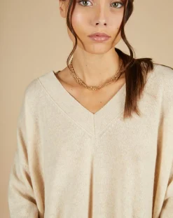 Pull 100% Cachemire Iris Col V profond oversize blé
