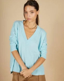 Pull 100% Cachemire Iris Col V profond oversize océan