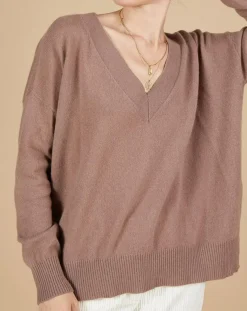 Pull 100% Cachemire Iris Col V profond oversize taupe