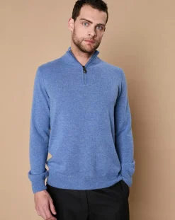 Pull 100% Cachemire John col camionneur bleu denim/gris