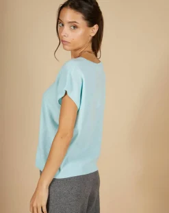 Pull 100% Cachemire Laurène manches courtes bleu océan
