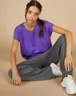 Pull 100% Cachemire Laurène manches courtes violet