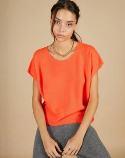 Pull 100% Cachemire Laurène manches courtes corail fluo