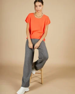 Pull 100% Cachemire Laurène manches courtes corail fluo