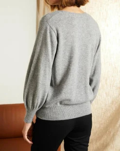 Pull 100% Cachemire Manches Ballon Angelina Col rond gris chiné clair
