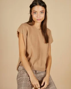 Pull 100% Cachemire manches courtes Charline boutons au dos camel