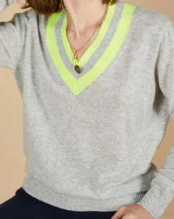 Pull 100% Cachemire Marley col V à bandes gris chiné clair/jaune fluo