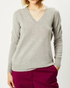 Pull 100% Cachemire Nocon col V gris clair