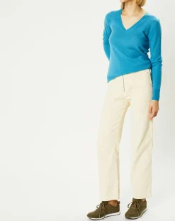 Pull 100% Cachemire Yocon col V bleu moyen
