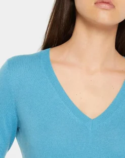 Pull 100% Cachemire Yocon col V bleu moyen