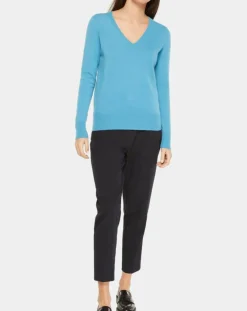 Pull 100% Cachemire Yocon col V bleu moyen