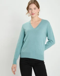Pull 100% Cachemire Zocon col V bleu/vert