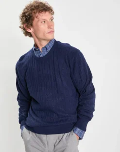 Pull 100% Laine d'agneau col rond Cable Fin bleu