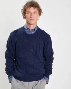 Pull 100% Laine d'agneau col rond Cable Fin bleu