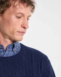 Pull 100% Laine d'agneau col rond Cable Fin bleu