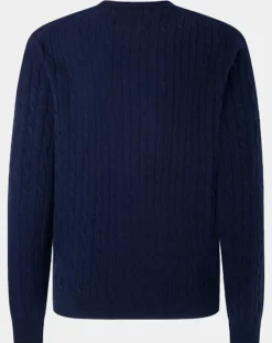 Pull 100% Laine d'agneau col rond Cable Fin bleu