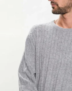 Pull 100% Laine d'agneau col rond Cable gris clair