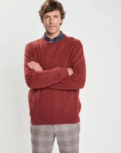 Pull 100% Laine d'agneau col rond Cable orange moyen