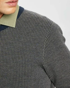 Pull 100% Laine imprimé pied-de-poule marron/bleu marine