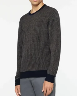 Pull 100% Laine imprimé pied-de-poule marron/bleu marine