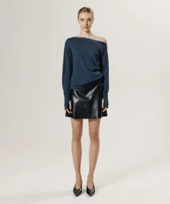 Pull Abby 100% laine épaule nue asymétrique bleu pétrole