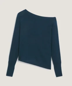 Pull Abby 100% laine épaule nue asymétrique bleu pétrole