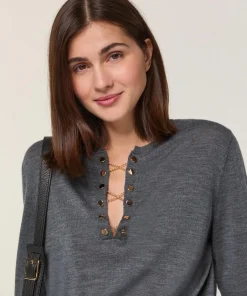 Pull Adija 100% Laine chaine col V gris foncé