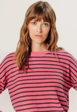 Pull Aliénor 100% Cachemire col rond, rayé orange corail