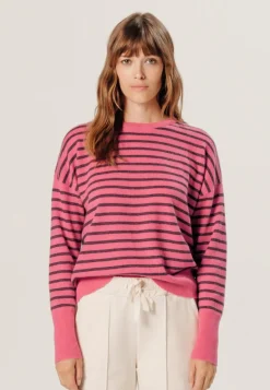 Pull Aliénor 100% Cachemire col rond, rayé orange corail