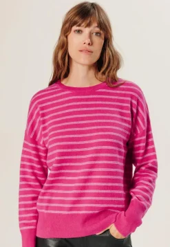 Pull Aliénor 100% Cachemire col rond rayé rose tonique