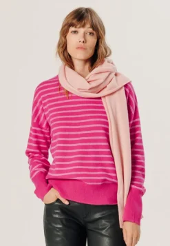 Pull Aliénor 100% Cachemire col rond rayé rose tonique