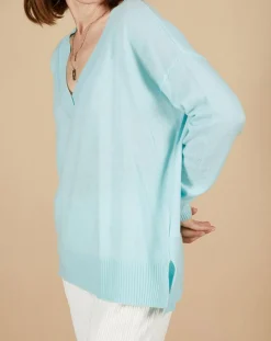 Pull ample 100% Cachemire Isidore col V bleu océan