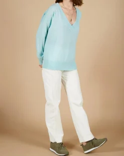 Pull ample 100% Cachemire Isidore col V bleu océan