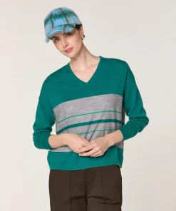 Pull Anne-Élodie 100% Laine col V rayures vert canard