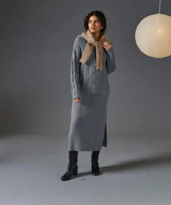 Pull Arlette 100% laine col rond torsades gris