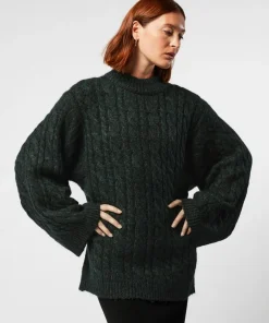 Pull Auxane, col montant à torsades vert foncé