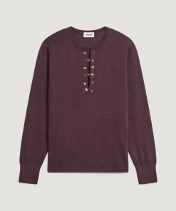 Pull Aymone 100% Laine chaine col V marron foncé