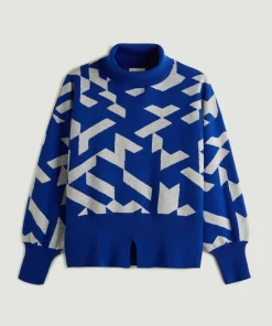 Pull Azalée, jacquard, col roulé bleu outremer