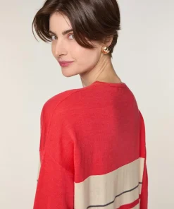 Pull Caecilia 100% Laine col V rayures orange corail