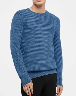 Pull col rond Texture Washed bleu moyen