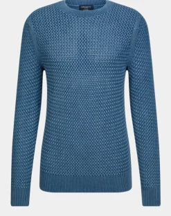 Pull col rond Texture Washed bleu moyen