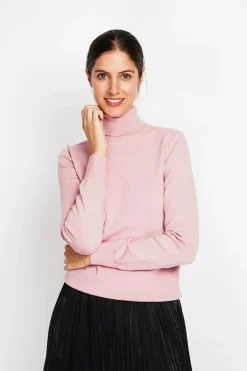 Pull col roulé classique rose poudre