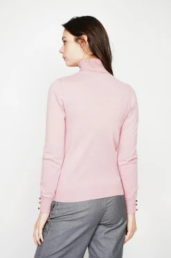Pull col roulé classique rose poudre